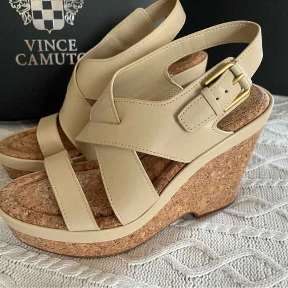 Vince Camuto Cream Wedge Sandals Leather “Diliah” Style, Various Sizes - Picture 14 of 14